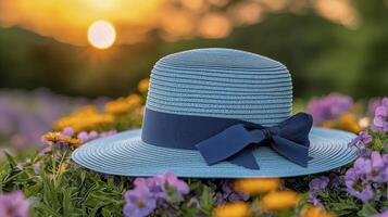 A blue hat with a bow sits in a field of flowers photo