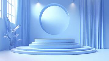 3d rendering of a blue room with a round mirror photo