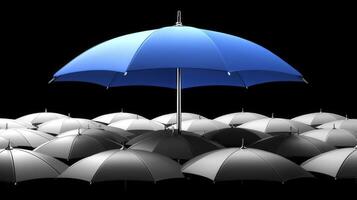 A blue umbrella is standing out from a group of white umbrellas photo