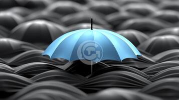A blue umbrella in the middle of a crowd photo