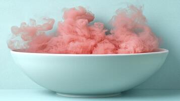 A bowl of pink smoke in front of a blue wall photo