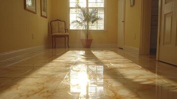 A hallway with a chair and a plant in it photo