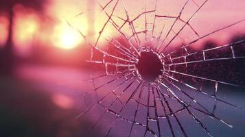 A broken glass window with the sun setting in the background photo