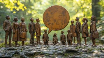 A group of bronze statues of people standing in front of a speech bubble photo