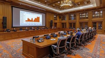 A large conference room with people sitting at tables photo