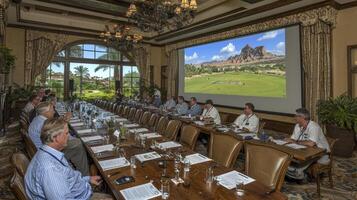 A group of people sitting at a long table in a room with a large screen photo