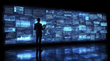 A man standing in front of a large screen with many digital images photo