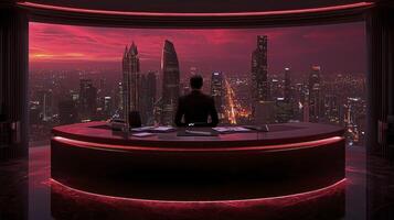 A man in a suit is sitting at a desk in front of a city photo