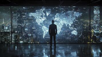 A man standing in front of a large screen with a world map on it photo