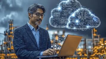 Man in business suit working on laptop with cloud computing concept photo