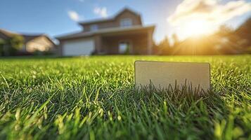 Real estate agent in front of a house with a sign in the grass photo