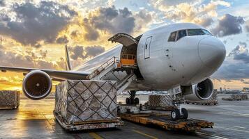 An airplane is loaded with cargo on the tarmac photo
