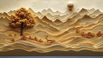 A paper cutout of a mountain landscape with trees photo