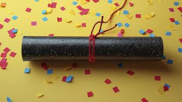 A black graduation roll with confetti on a yellow background photo