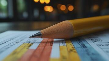 A pencil is sitting on top of a paper with a chart photo