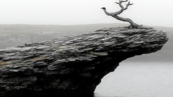 A lone tree on a rock in the middle of the ocean photo