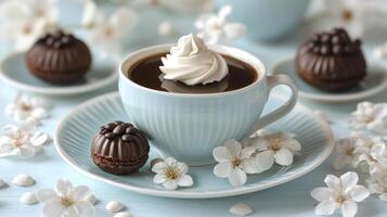 Coffee and chocolate on a blue table with white flowers photo