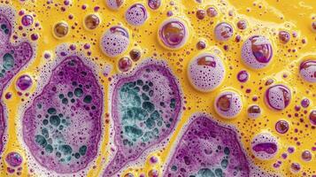 A close up of a yellow and purple soap bubble photo