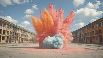 A colorful explosion is blowing up in the middle of an empty street photo