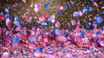 Pink and blue confetti falling from the sky photo
