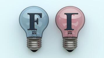 Two light bulbs with the word f and i in them photo