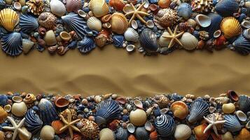 A large group of shells and sand on a beach photo