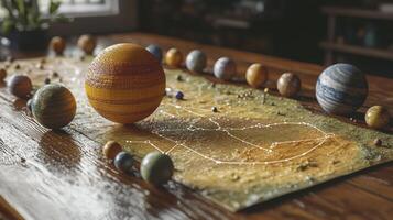 A table with a map of the solar system and a few eggs photo