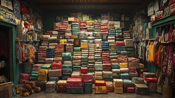 A large pile of boxes stacked up in a room photo