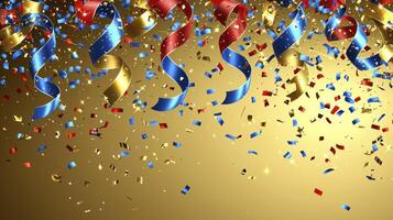 A golden background with confetti and ribbons photo