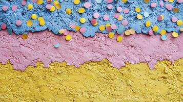 A wall with confetti and paint on it photo
