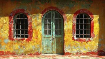 A colorful wall with two doors and windows photo