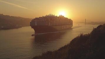 A large container ship is sailing down the river photo