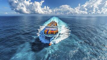 A large container ship traveling through the ocean photo
