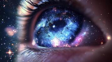 The eye of a person looking at the galaxy photo