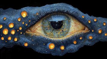 An eye with glowing blue dots on it photo