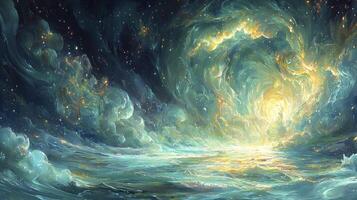 A painting of a stormy ocean with a light coming from it photo
