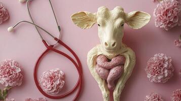 A cow with a stethoscope and flowers on a pink background photo