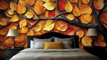 A large wall mural with leaves on it photo