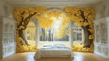 A bedroom with a bed and a tree in the middle photo
