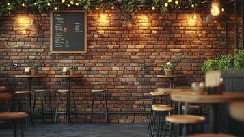 A brick wall with tables and chairs photo