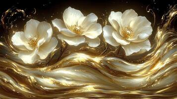 Three white flowers are floating in a gold liquid photo