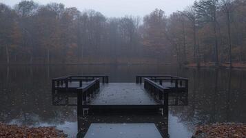 A dock in the middle of a lake surrounded by trees photo