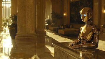 A gold robot sitting on a marble counter in a lobby photo