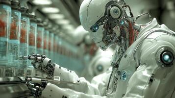 A robot in a factory with bottles of water photo