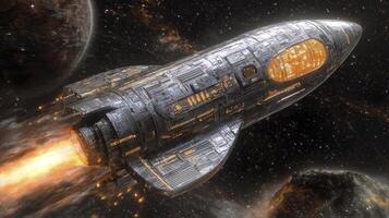 An artist's rendering of a spaceship flying through space photo