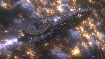 A spaceship with a bitcoin on it in space photo