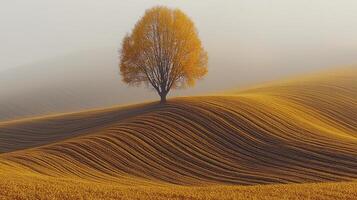 A lone tree stands alone in the middle of a field photo
