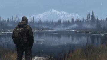 A man in the snow with a backpack and a backpack photo