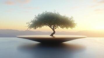 Tree on a circular platform with mountains in the background photo