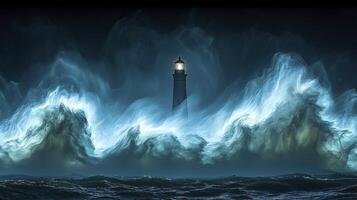 A lighthouse is surrounded by a large wave photo